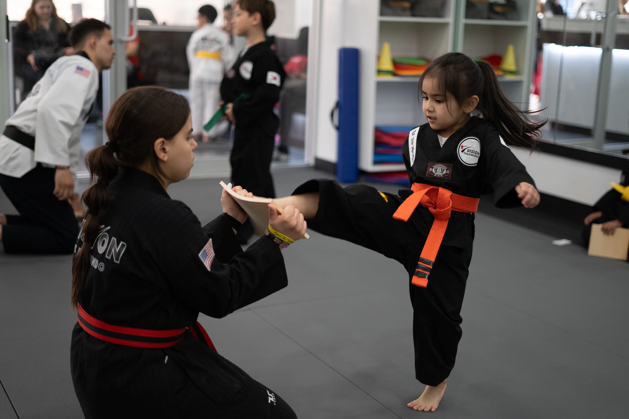 Preschool martial arts classes in self-defense and karate training teach students self-discipline, cognitive development, motor skills, self-esteem and self-control.