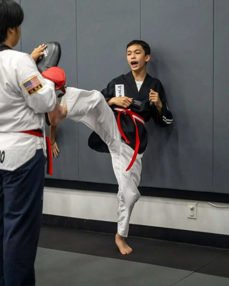 Young male martial artist executing a high roundhouse kick on a target pad held by an instructor during a training session Taekwondo kick chamber basics